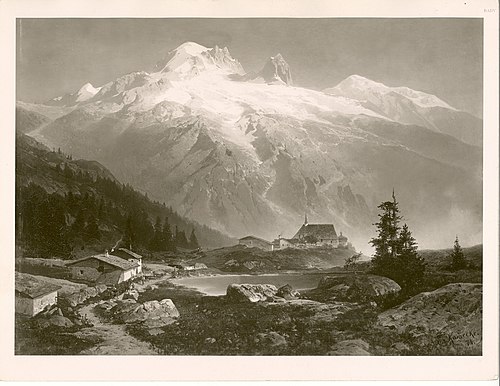 Hochgebirgslandschaft mit Dorf im Vordergrund (bei Charmonix), 1874, Otto Kameke