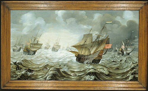 De Oostindiëvaarder Amsterdam en een groot aantal Amsterdamse oorlogsschepen op zee, 1600, Hans Savery the Elder
