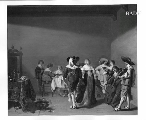 Festliche Tischgesellschaft mit Musikanten und tanzendem Paar, 1632, Palamedes Palamedesz