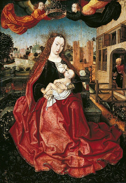 Vierge à l'Enfant couronné par deux anges., 1500, Maître de Francfort