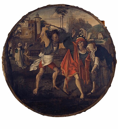 Episode uit de parabel van de Verloren Zoon: de Verloren Zoon wordt weggejaagd uit de herberg, 1520, Jan de Beer