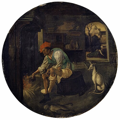 Episode uit de parabel van de Verloren Zoon: de Verloren Zoon eet uit de varkenstrog, 1520, Jan de Beer