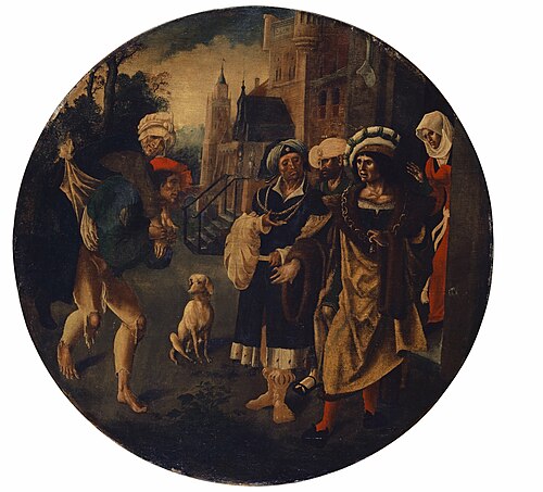 Episode uit de parabel van de Verloren Zoon: de Verloren Zoon wordt afgewezen door een rijke man, 1520, Jan de Beer