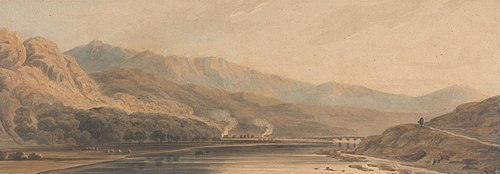 Mountainous Landscape, with River Flowing to Bridge in Distance, a Figure Right, , John Varley