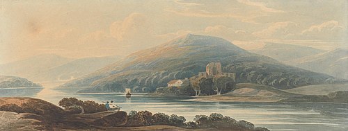 Landscape in Wales with Mountains, Lake, Castle and Two Figures in the Foreground, , John Varley
