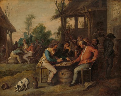 Peasants playing cards outside an inn, 1650, Vincent Malo (I)