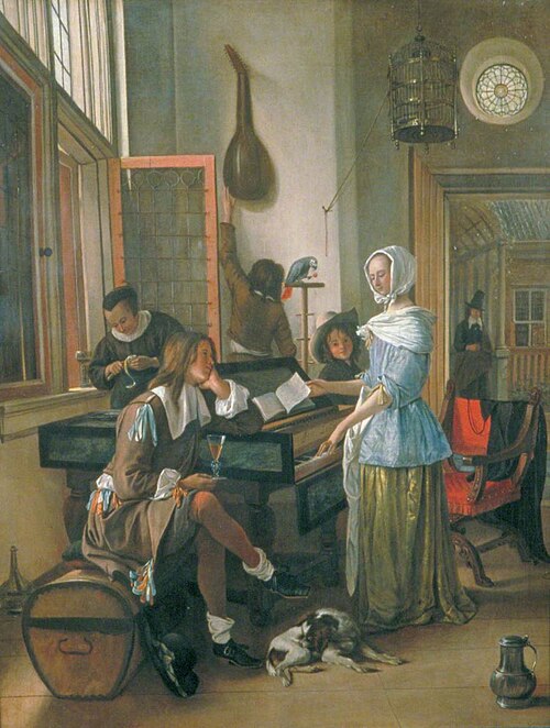 Company with woman playing harpsichord in an interior, 1662, Jan Steen