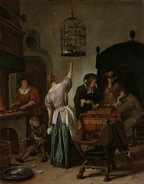 Interior with a Woman Feeding a Parrot, Known as ‘The Parrot Cage’, 1665, Jan Steen