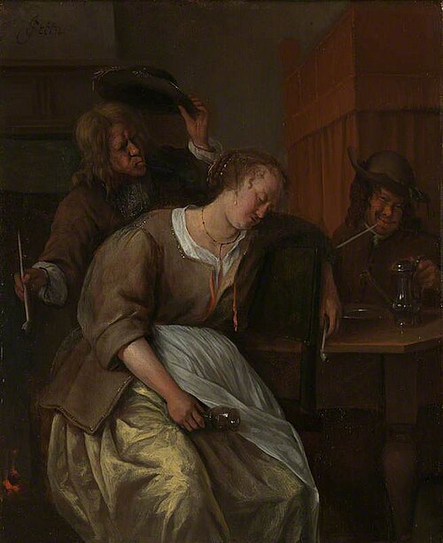 A Man Blowing Smoke at  Drunken Woman, 1665, Jan Steen