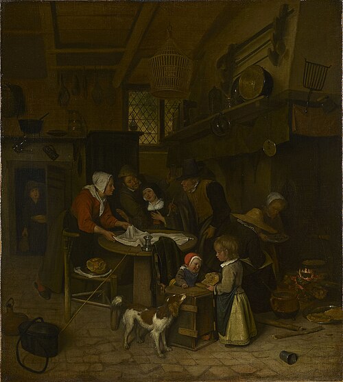 A Scene in a Peasant Kitchen with a Servant Laying the Cloth, 1660, Jan Steen