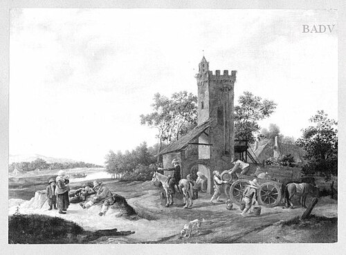 River landscape with figures and a wagon near a tower, 1650, Jan Steen