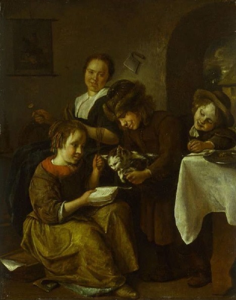 Enfants apprenant à lire à un chat, 1660, Jan Steen