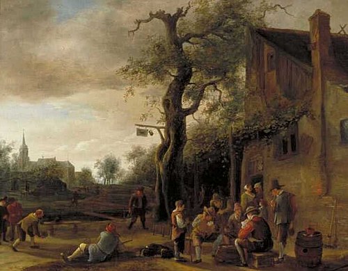 Cardplayers and Bowlers near an Inn, , Jan Steen