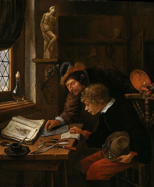 The drawing lesson for a boy holding a hat, 1663, Jan Steen