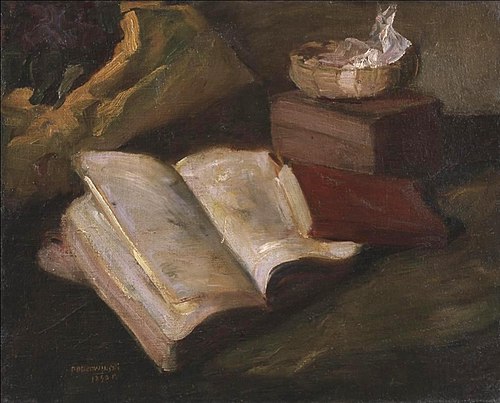 Still life with a red book, 1890, Władysław Podkowiński
