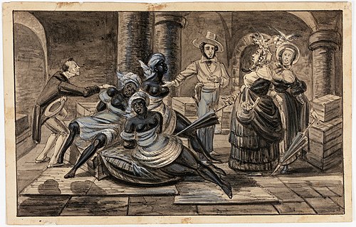 Inspection de négresses nouvellement debarquées de l'Afrique. Homme d'affaires de Mrs Quickly. Les m, 1840, Harro Harring
