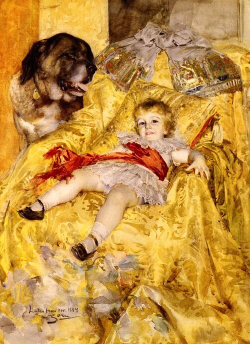 A Portrait of Christian De Falbe, with a Saint Bernard at Luton Hoo, 1884, Anders Zorn