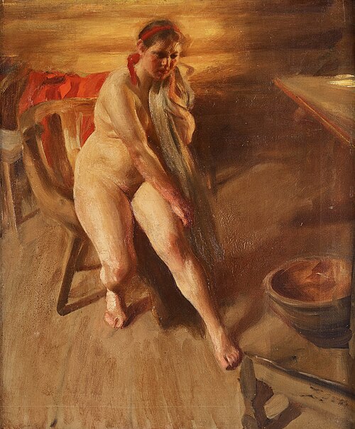 Omorgnad - interiör med naken kulla, Örjas Ida, 1905, Anders Zorn