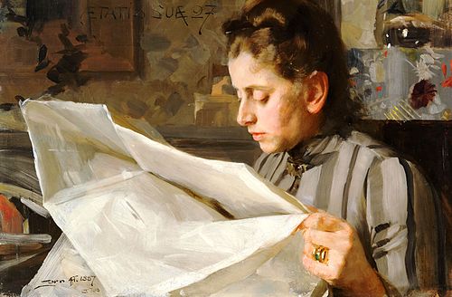 Emma Zorn lisant, 1887, Anders Zorn