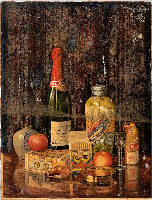 Stilleven met appels, een fles, kruikjes en een pot zuur., 1913, Henri Breetvelt