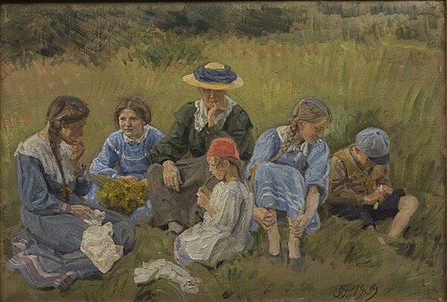 Hvile i engen. Kunstnerens hustru og børn, 1909, Joakim Skovgaard