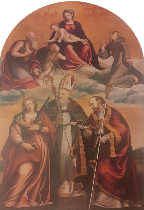 Madonna col Bambino tra i santi Giovannino, Girolamo, Francesco, Placidia, Mauro e Simplicio, , Niccolò Giolfino
