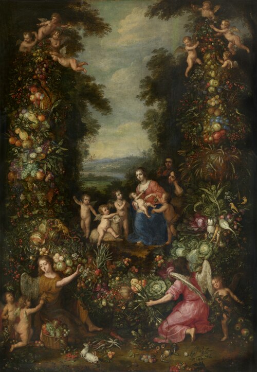 Holy Family in a Garland with Flowers, Vegetables, and Fruit, , Pieter van Avont