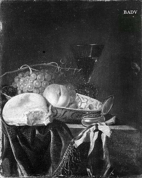 Stillleben mit Früchten, Brot und Weinglas, 1657, Juriaen van Streeck