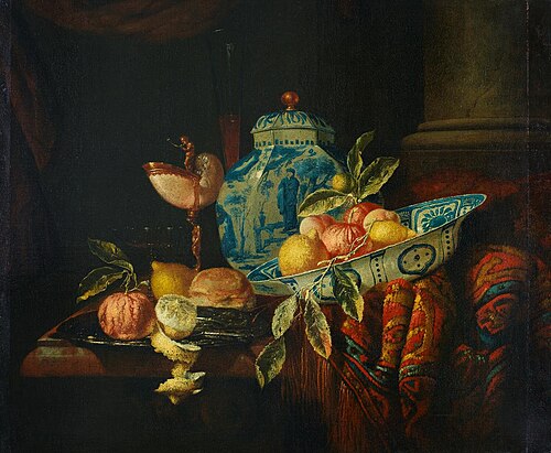 Stilleben mit chinesischem Porzellan und Perserteppich, 1672, Juriaen van Streeck