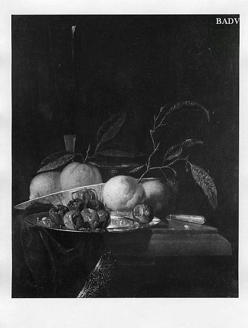 A lemon and orange in a porcelain bowl, a glass of wine, dates on a silver plate, an apple, a peach , 1667, Juriaen van Streeck
