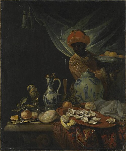 Still life with porcelain vessels and a servant, 1675, Juriaen van Streeck