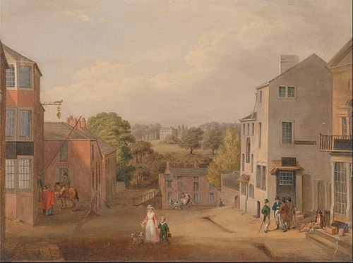 Street Scene in Chorley, Lancashire, with a view of Chorley Hall, 1795, John Bird