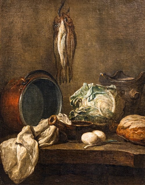 Nature morte avec chaudron, poêlon, fourneau, torchon, chou, deux oeufs, poireau, pain et trois hare, 1732, Jean Siméon Chardin