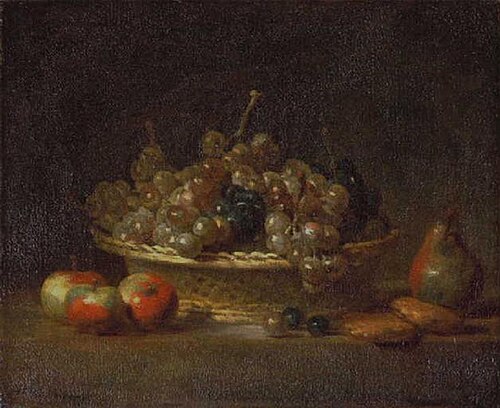 Nature morte à la corbeille de raisins, avec trois pommes, une poire et deux massepains, 1765, Jean Siméon Chardin