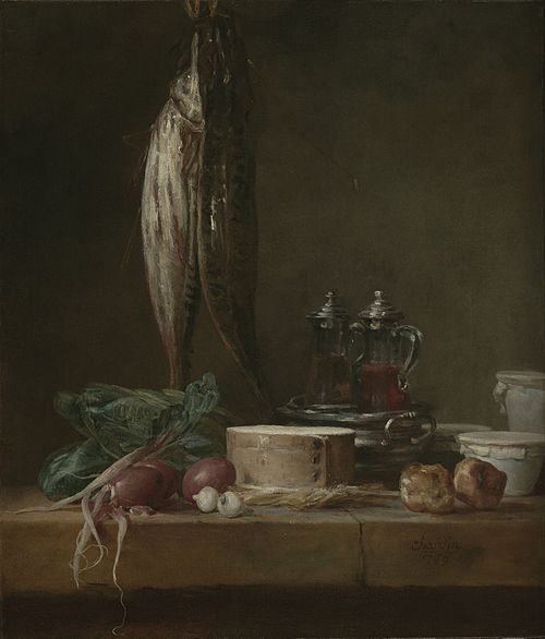 Still Life with Fish, Vegetables, Gougères, Pots, and Cruets on a Table, 1769, Jean Siméon Chardin