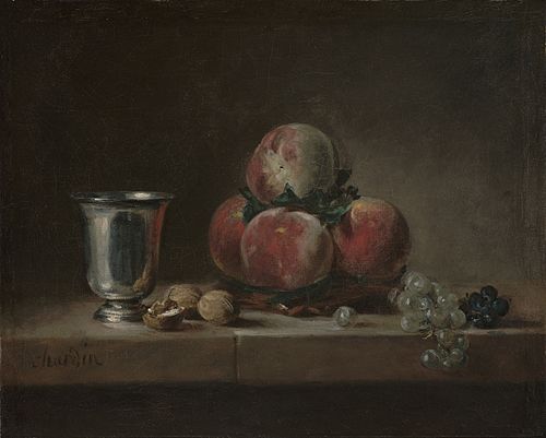 Corbeille de pêches avec un gobelet d’argent, 1759, Jean Siméon Chardin