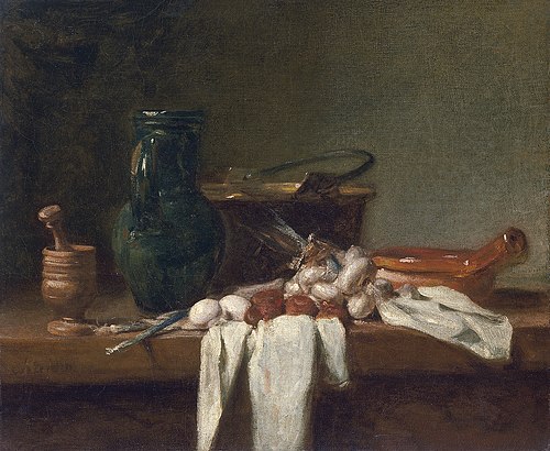 Still Life with Pestle and Mortar, Pitcher and copper Cauldron, 1730, Jean Siméon Chardin