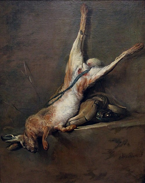 Lièvre mort avec poire à poudre et gibecière, 1728, Jean Siméon Chardin