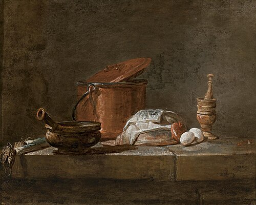 Still Life with Leeks, a Casserole with a cloth, and a Copper Pot, 1734, Jean Siméon Chardin