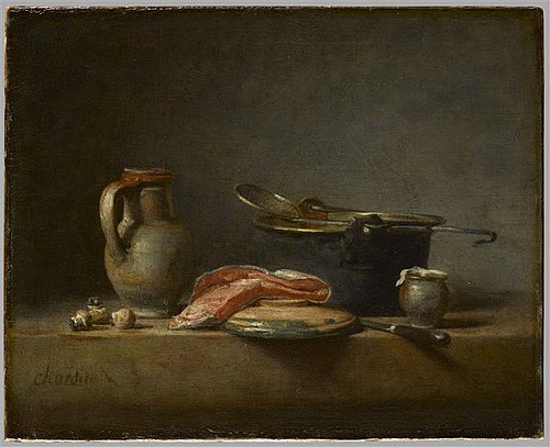 Marmite de cuivre, écumoire, cruche et tranche de saumon, 1750, Jean Siméon Chardin