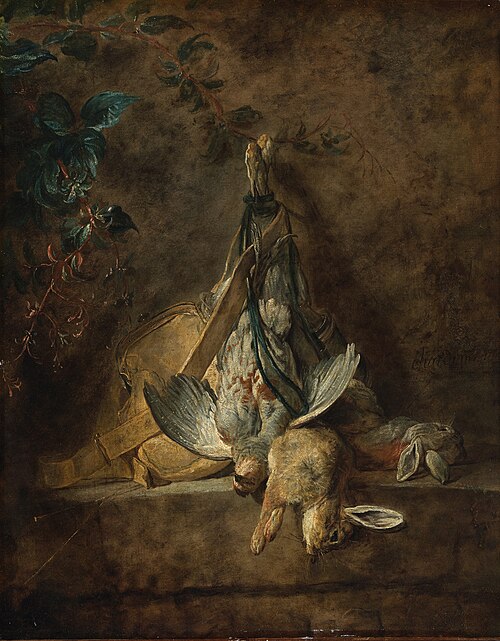 A Still Life: Two Rabbits, a Grey Partridge, Game Bag and a Powder Flask, 1731, Jean Siméon Chardin