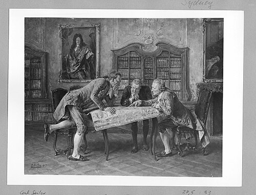 Drei Rokokoherren über einer Karte gebeugt, 1917, Carl Wilhelm Anton Seiler