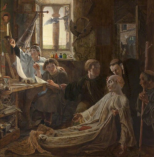 Bede finishes his Works and Life (One of a series of eight oil paintings illustrating the history of, 1857, William Bell Scott