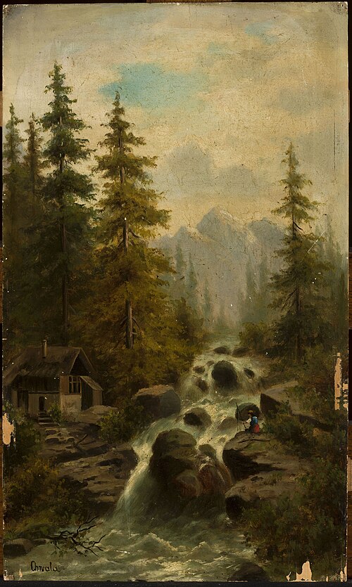 Mountain landscape with a waterfall, , Adolf Chwala