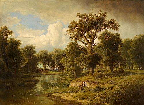 Bewaldete Flusslandschaft mit Kräutersucherin., 1900, Adolf Chwala