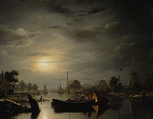 A River Landscape in Silver Moonlight, , Petrus van Schendel
