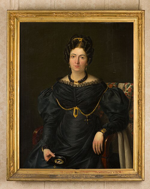 Portrait of Maria Catharina Petronella Langlois (1787-1873), in her right hand a miniature portrait , 1827, Petrus van Schendel