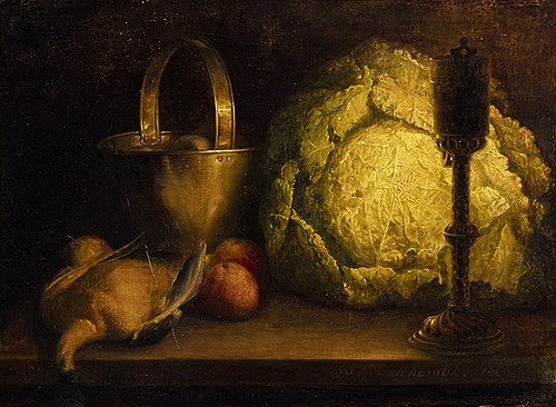 Stilleven met witte kool, koperen emmer, vogel en tuitlamp, 1845, Petrus van Schendel
