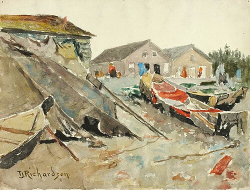Drying Blankets over Canoes, 1902, Theodore J. Richardson