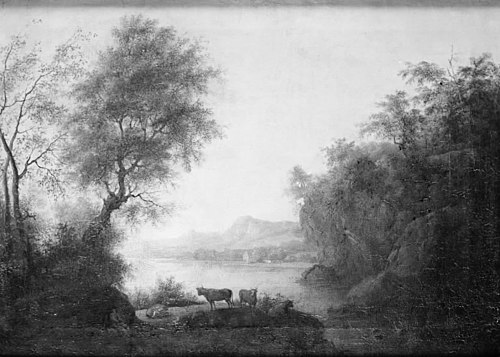 Udsigt over en sø i et bjergrigt landskab, 1800, Anthon Christoffer Rüde